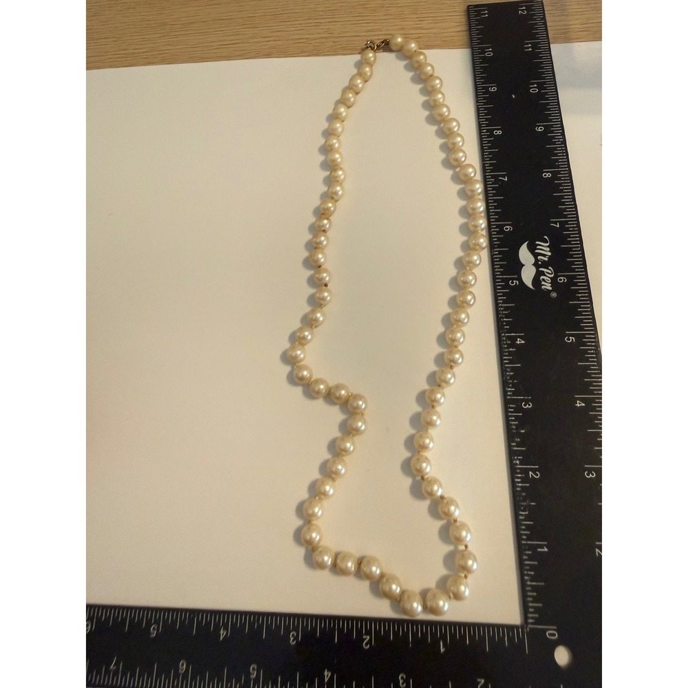 Vintage Cream Faux Pearl Knotted Strand Necklace Gold Tone Spring Ring Clasp 22"